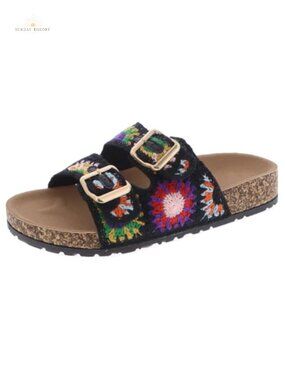 Crochet Double Strap Flat Sandals Cork Footbed Adjustable Buckle